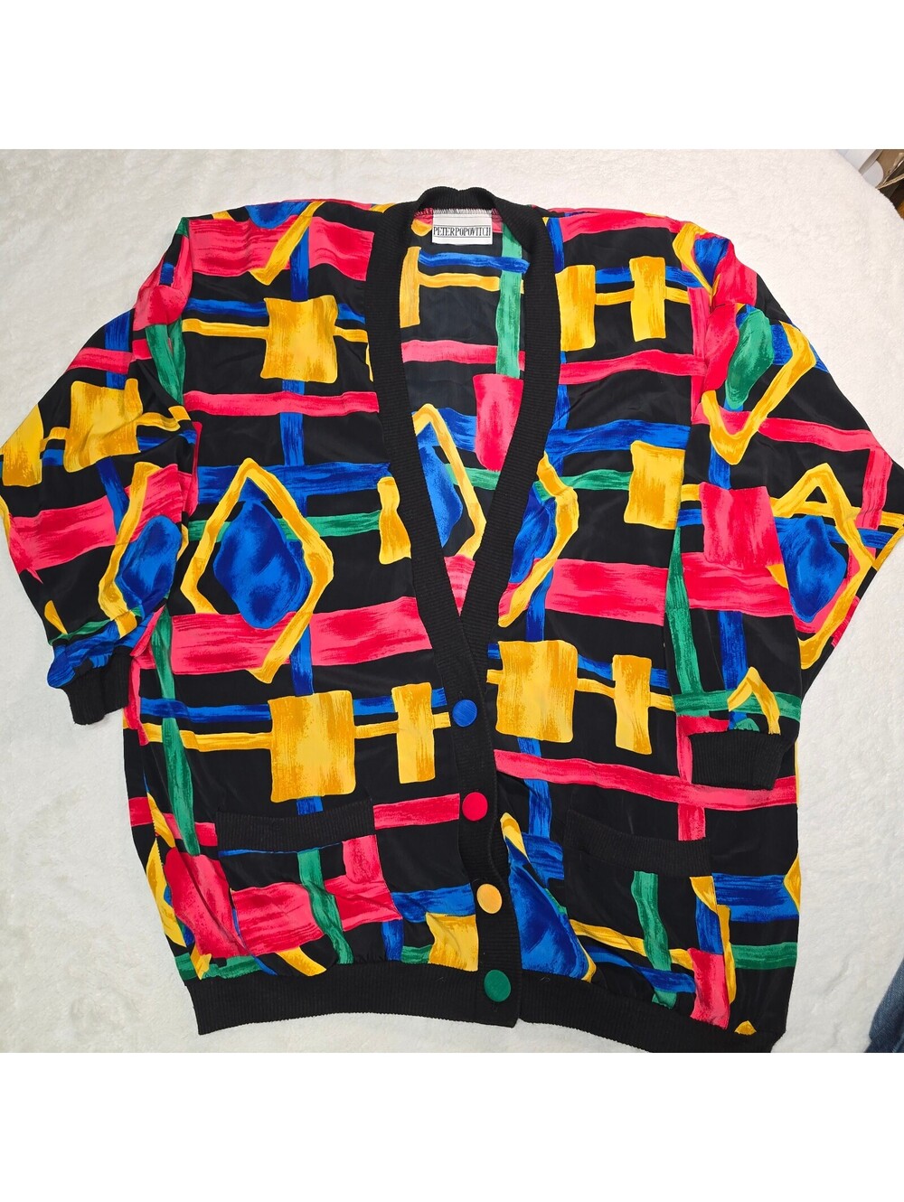 VTG 80s 90s Peter Popovitch Art Deco Abstract Colorblock Cardigan XL